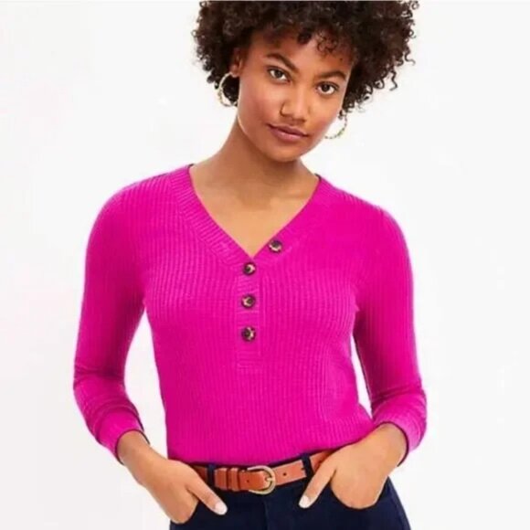 2/$30 LOFT Waffle Henley Tee Long Sleeve Fuchsia XS #A0203 TRB2 - Picture 1 of 8